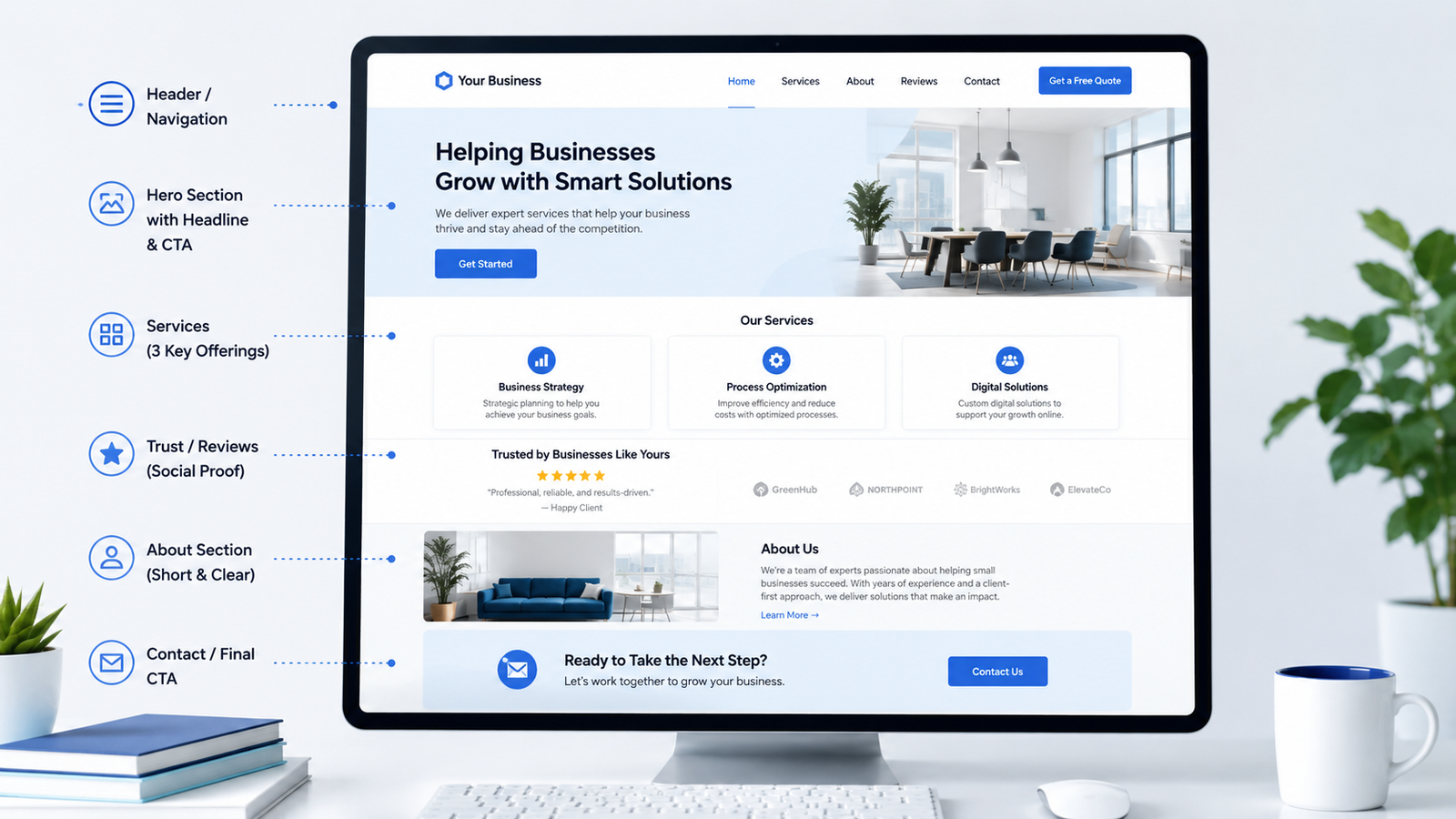 Small business homepage structure and key content sections