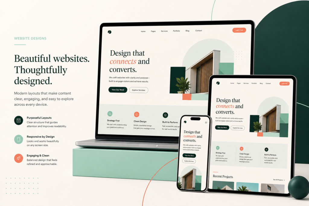 Responsive website design concept shown on desktop, tablet and mobile
