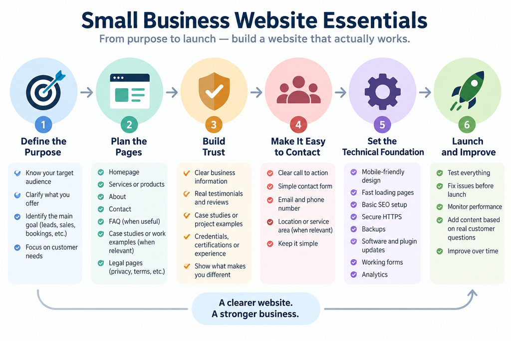 Small business website essentials including pages, trust, SEO, security, and maintenance