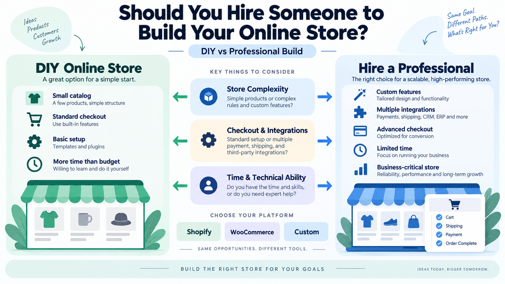 Hire someone to build your online store decision guide comparing DIY and professional ecommerce development