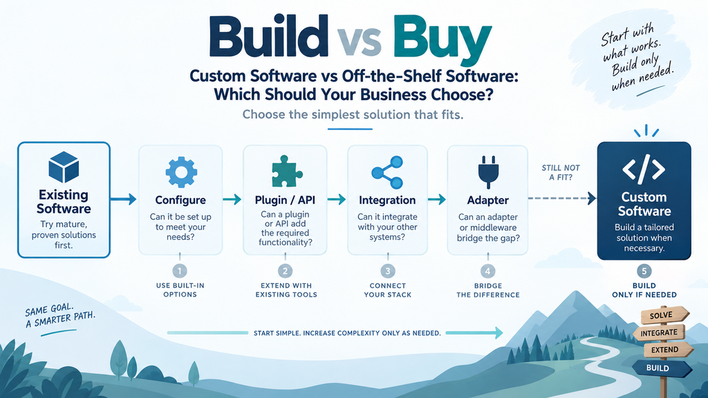 Custom software vs off-the-shelf software decision flow for build, buy, integrate, and extend choices