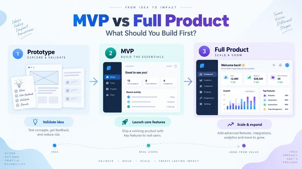 MVP vs full product development roadmap showing prototype, MVP, and full product stages