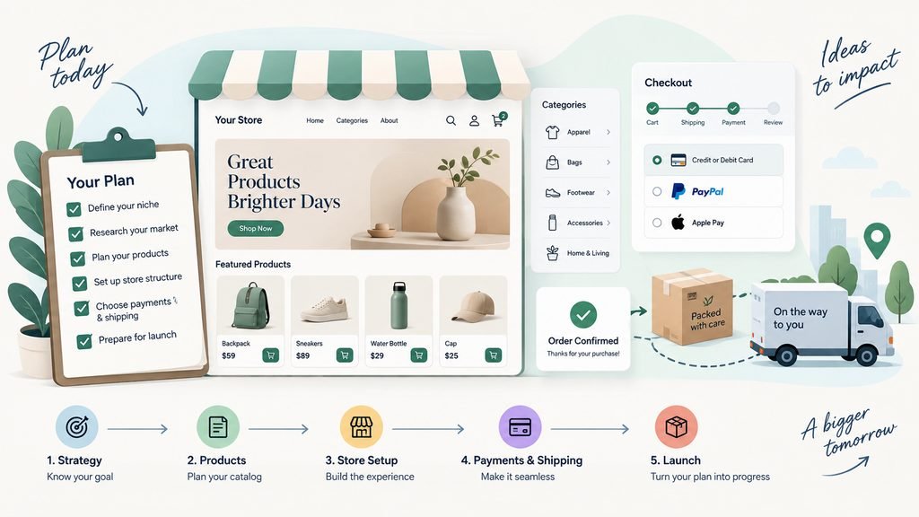 Online store planning roadmap covering products, payments, shipping, and operations